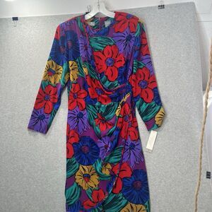 Vtg 80s 90s Liz Claiborne Long Sleeve Faux Wrap Dress Multicolor Floral 12 New
